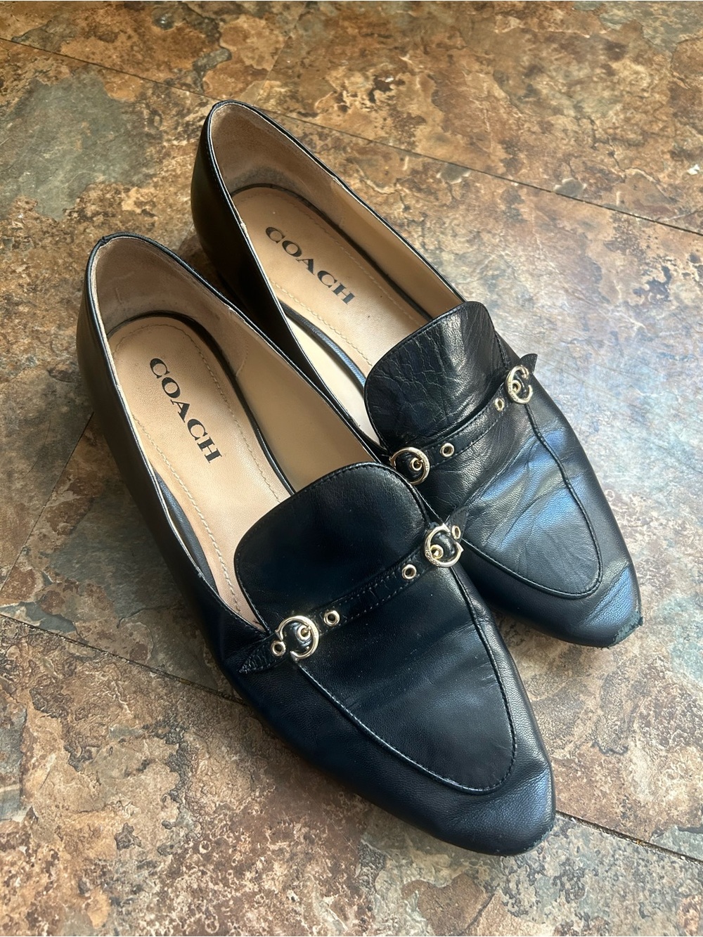 COACH Black Leather Loafers with Gold-Tone Horsebit